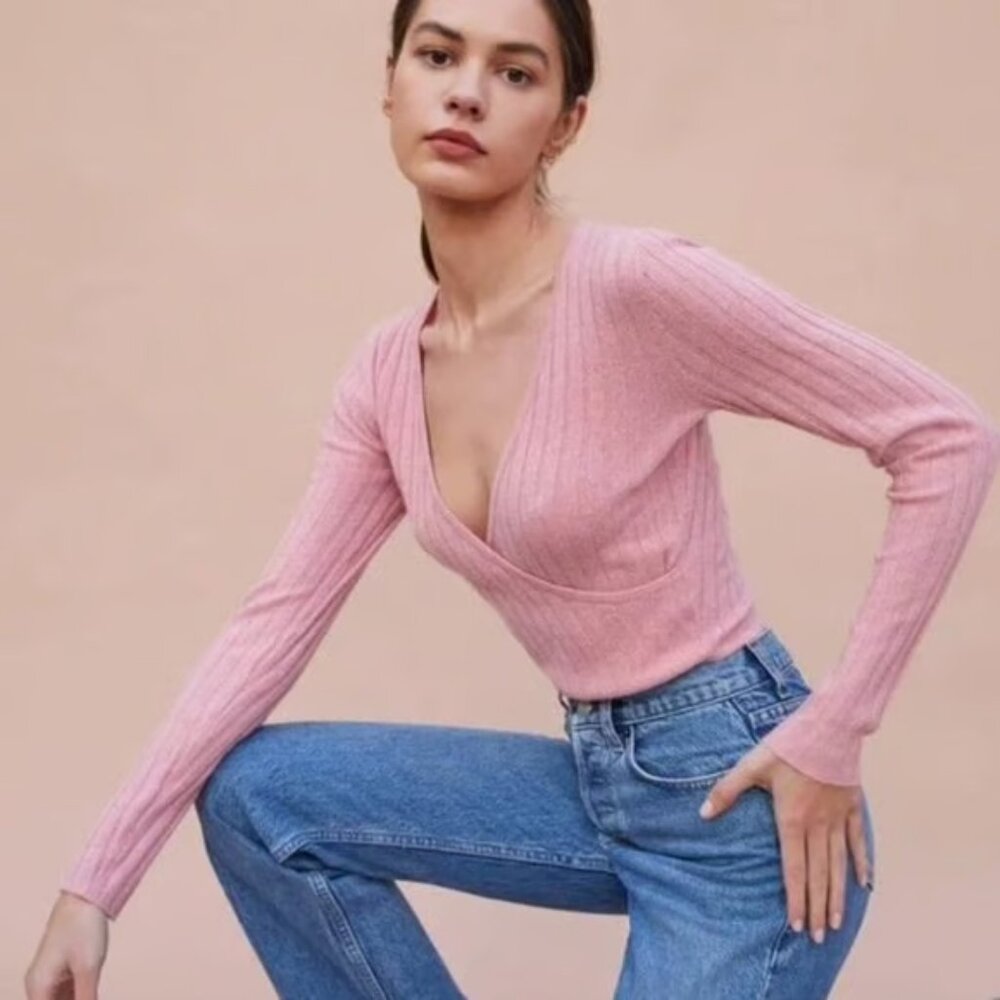 Reformation Faux Wrap Cashmere Rose Sweater